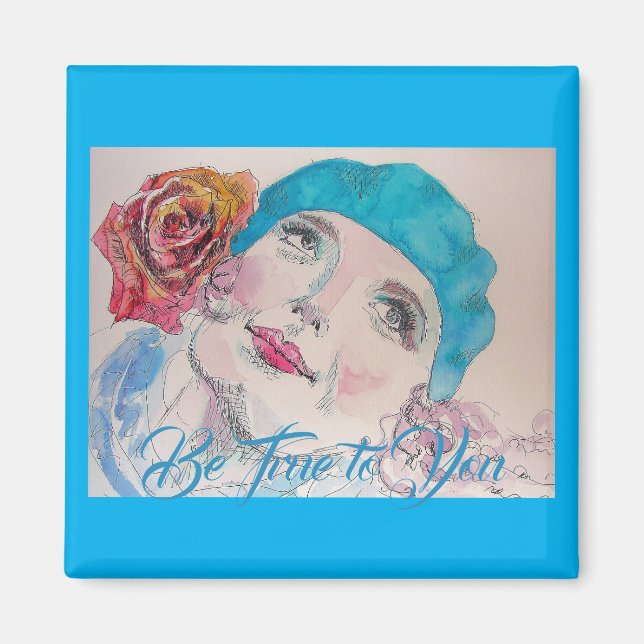 Aimant Fille avec Rose Rouge Beret Soyez fidèle à vous Ma (Devant)
