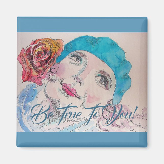 Aimant Fille Avec Rose Rouge Beret Soyez Vrai À Vous Magn (Devant)