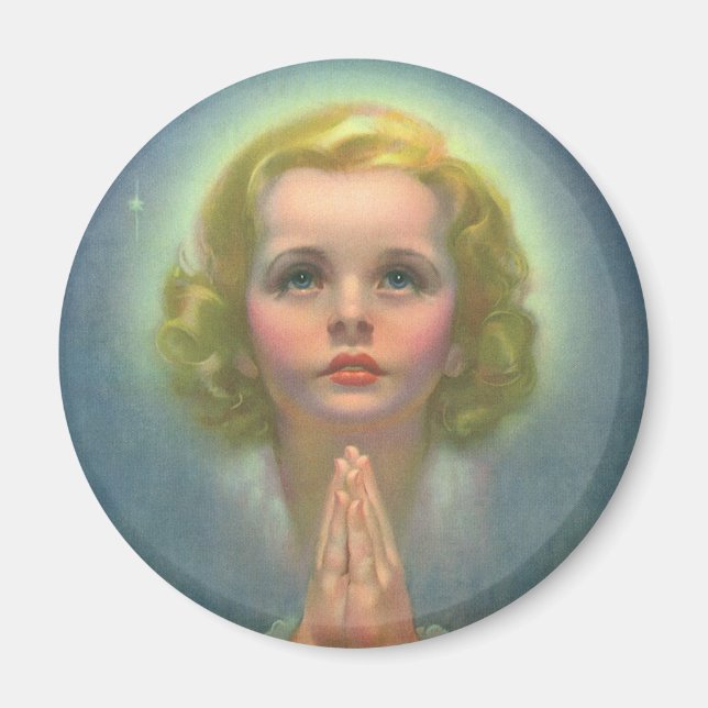 Aimant Fille blonde angélique avec halo et étoiles priant (Devant)