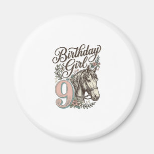 Aimant Fille d'anniversaire 9 Cheval Floral Gravure Vinta