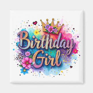 Aimant Fille d'anniversaire florale arc-en-ciel