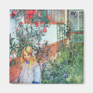 Aimant Fille dans le jardin avec les fleurs rouges