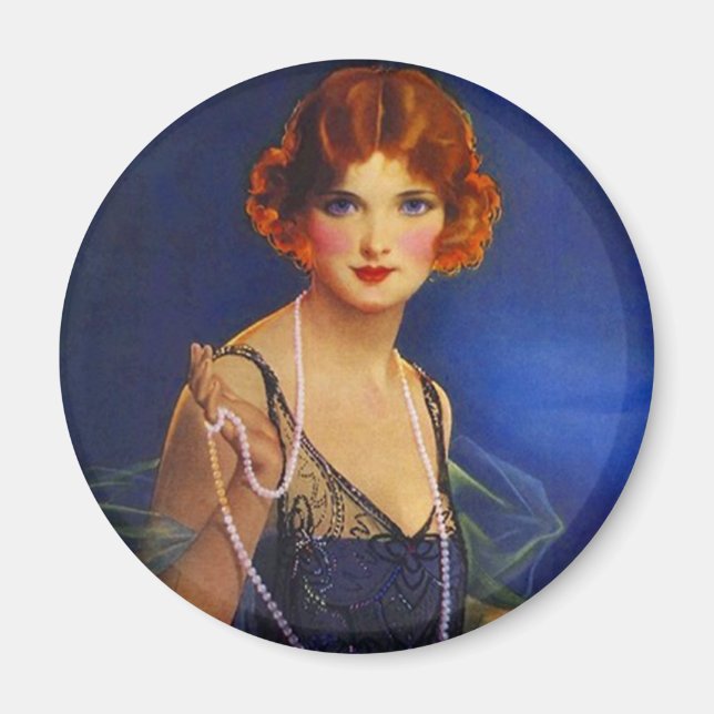 Aimant Fille Flapper à la mode avec robe bleue de minuit (Devant)