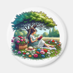 Aimant Fille lisant sous un arbre entouré de fleurs