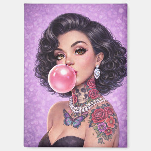 Aimant Fille Pin-Up Bubble-Gum Cheveux Noirs – Rét
