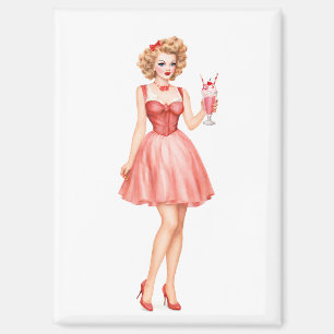 Aimant Fille Pin-Up Milkshake aux Fraises Vintage