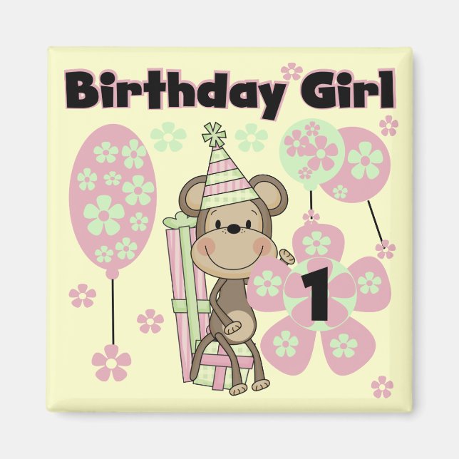 Aimant Fille Singe Avec Cadeaux 1er Anniversaire Tshirts (Devant)