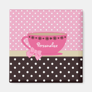 Aimant Fille Teacup rose et Brown Polka Dot Bow et nom