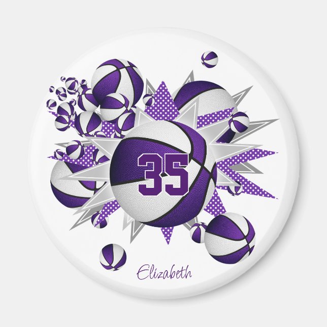Aimant filles basket-ball personnalisées étoiles violet b (Devant)
