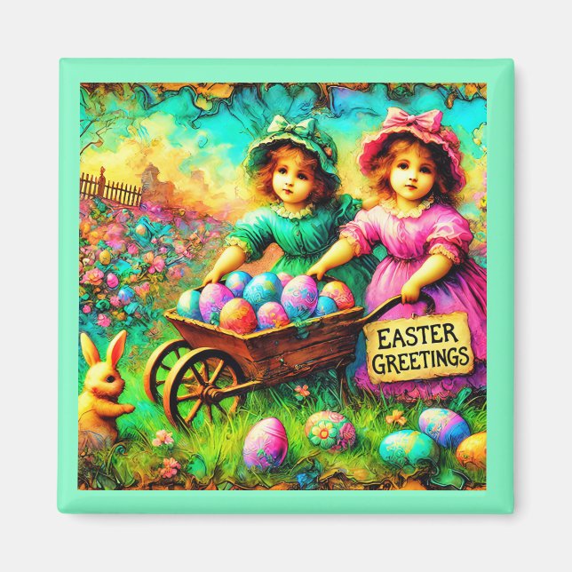 Aimant FILLES DE PÂQUES vintages ~ OEufs de Pâques ~ (Devant)