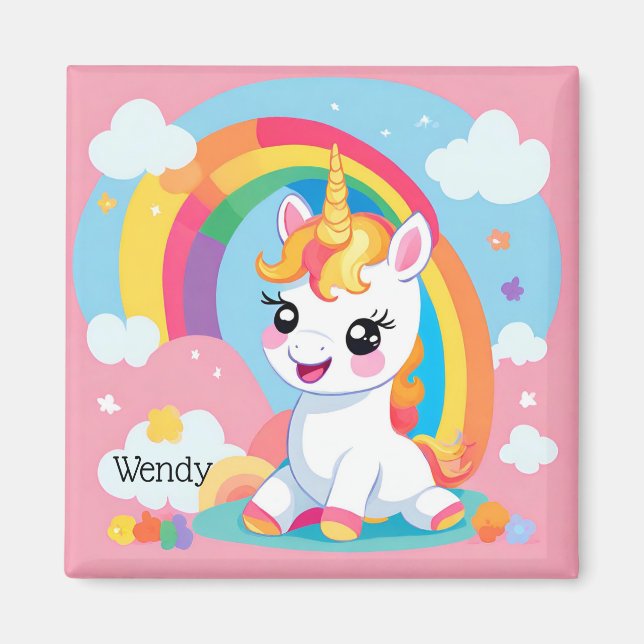Aimant Fille's mignon Unicorn arc-en-ciel Nom personnalis (Devant)
