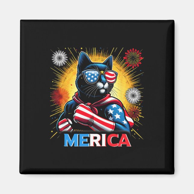 Aimant Fireworks Us Drapeau Patriotique Chat Noir (Devant)