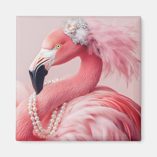 Aimant Flamant rose rose élégant avec perles et plumes (Devant)