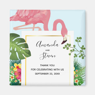 Aimant Flamant rose rose élégant et Mariage Feuille tropi