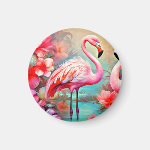 Aimant Flamants roses roses dans un lac avec fleurs-20231