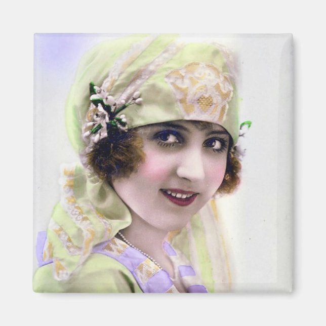 Aimant Flapper des années 1920 en vert et violet (Devant)