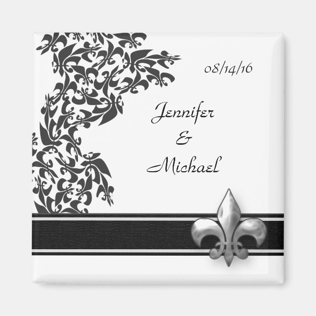 Aimant Fleur de Lis Mariage damassé noir et blanc (Devant)