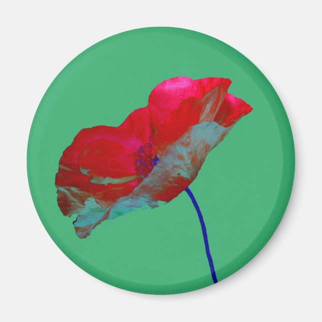 Aimant Fleur de pavot rouge sur vert émeraude (Devant)