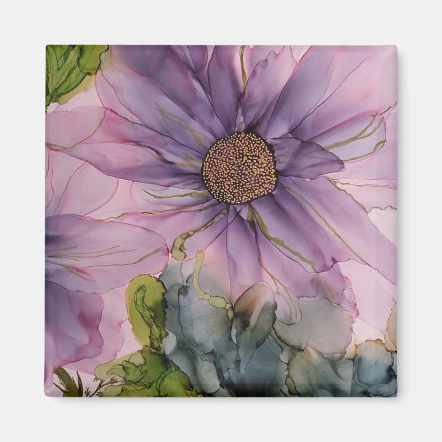 Aimant fleur d'encre d'alcool rose et violet (Devant)