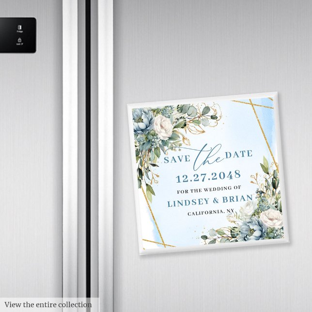 Aimant Fleurs Bleues Modernes Paillettes Dorées Save The  (Modern Blue Flowers Gold Glitter Save The Date Magnet

)