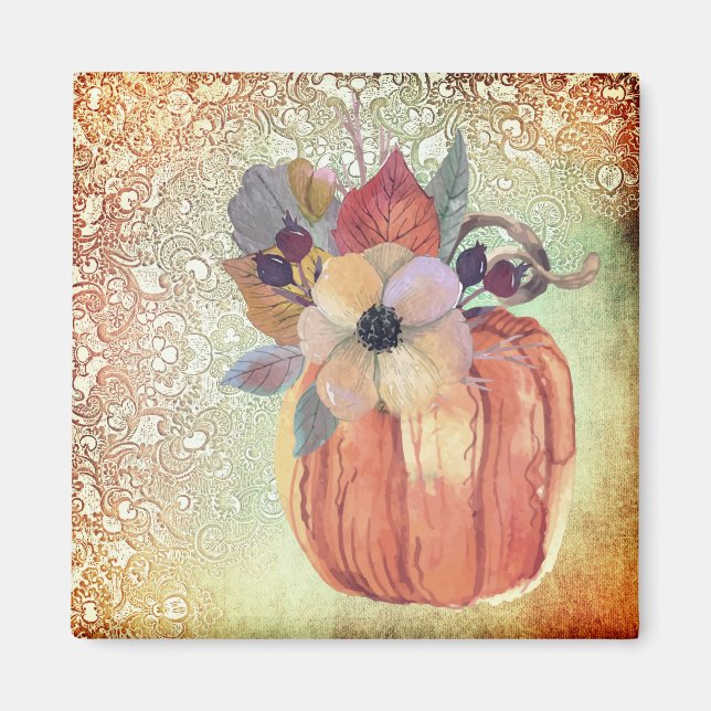 Aimant fleurs citrouilles et dentelle orange or violet (Devant)