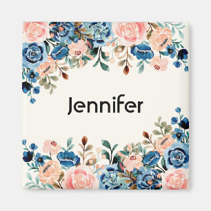 Aimant Fleurs d'aquarelle rose et bleu