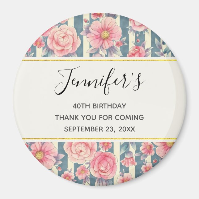 Aimant Fleurs d'aquarelle rose sur rayures Anniversaire (Devant)