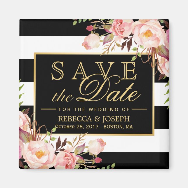 Aimant Fleurs de mariage Blancs noirs Enregistrer la date (Devant)