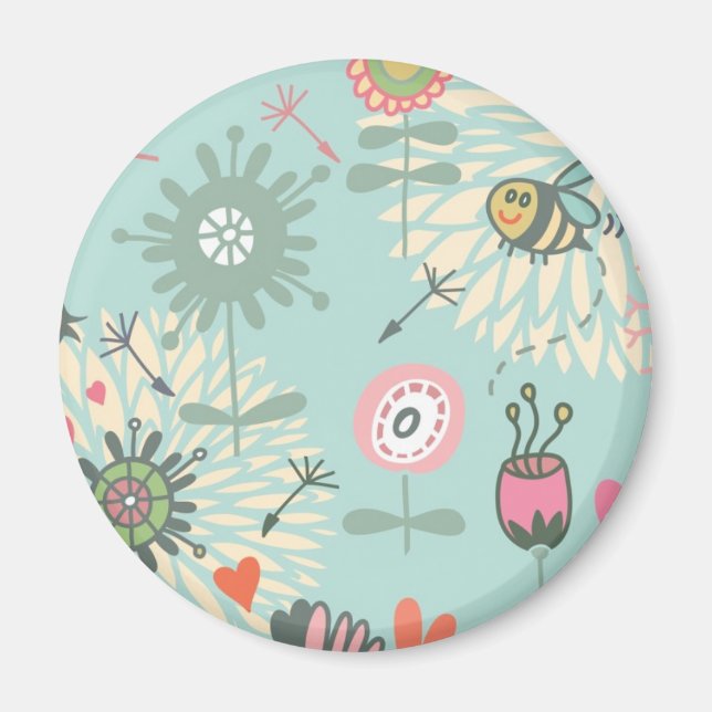 Aimant Fleurs de printemps et abeilles illustrées (Devant)