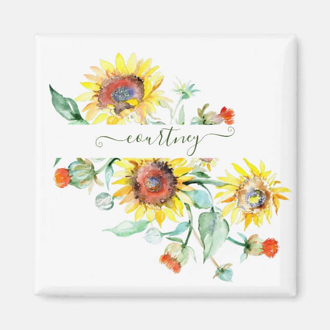 Aimant Fleurs de soleil aquarelles personnalisées (Devant)