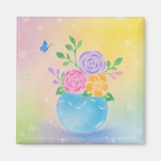 Aimant Fleurs de vase pastel Papillon Art