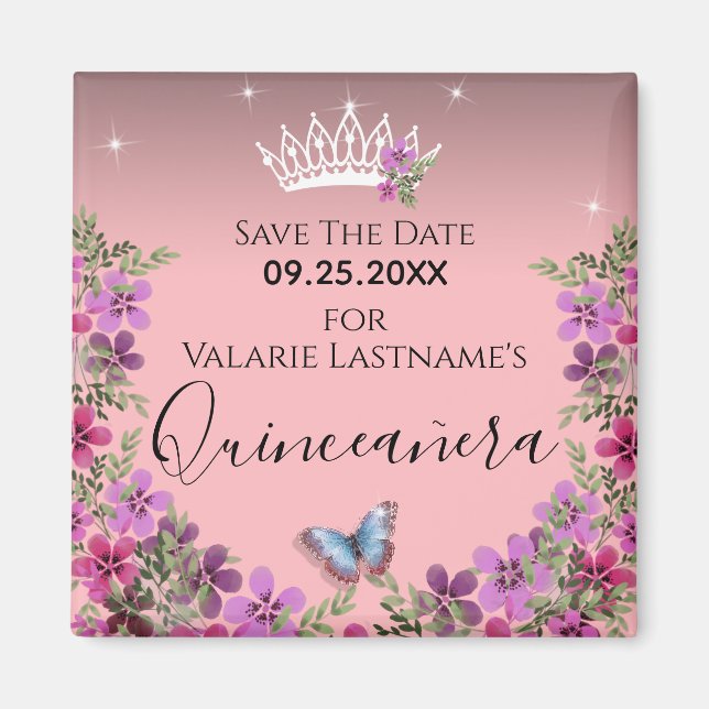 Aimant Fleurs et papillon Quinceanera Enregistrer la date (Devant)
