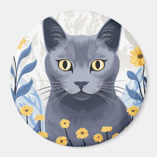 Aimant Fleurs Jaunes Chat Bleu Russe