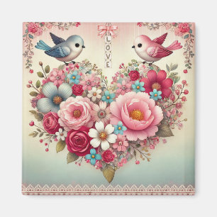 Aimant Fleurs/oiseaux/coeur vintages Saint-Valentin