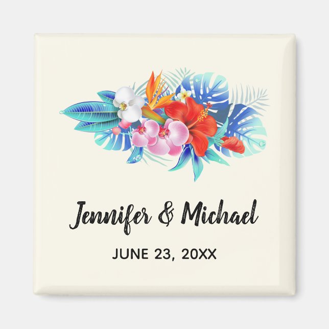 Aimant Fleurs tropicales exotiques en Mariage rose et aqu (Devant)