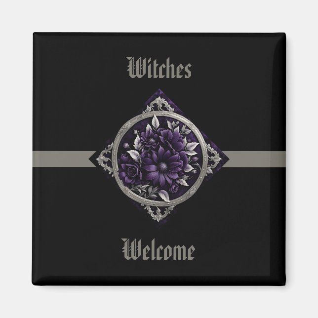 Aimant Fleurs violettes en cadre gothique avec ruban (Devant)