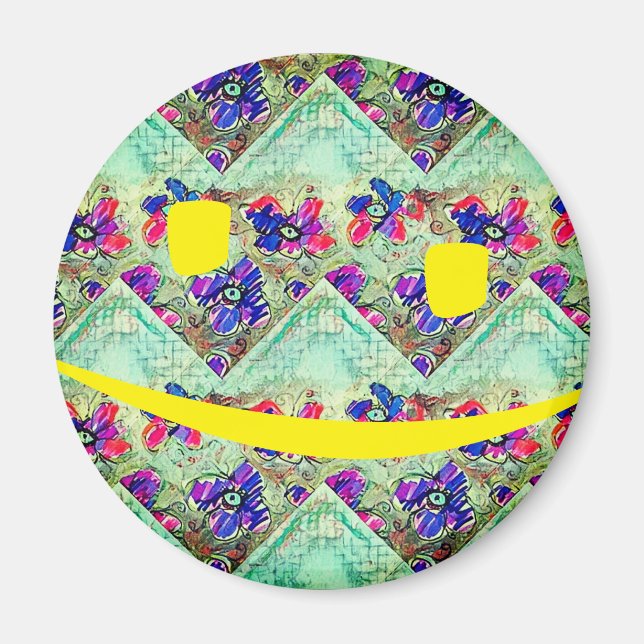 Aimant Fleurs violettes et bleues Carrés Zigzags (Devant)