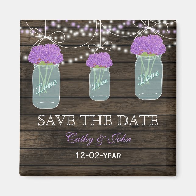 Aimant Fleurs violettes Mason Jars Grange Mariage en bois (Devant)