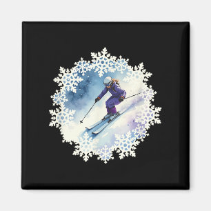 Aimant Flocons de neige et skieur à l'aquarelle
