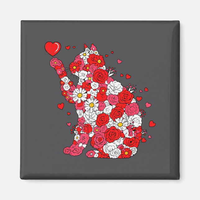 Aimant Floral Cat Heart Valentines Day Meow Kitty Kitten  (Devant)