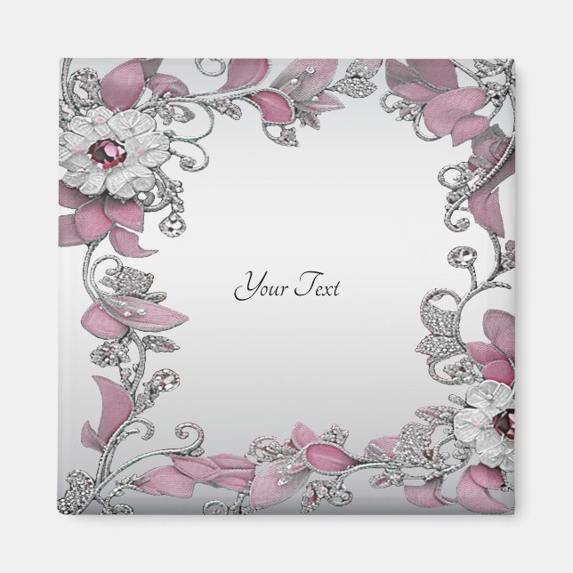 Aimant floral rose argent blanc (Devant)