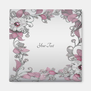 Aimant floral rose argenté blanc