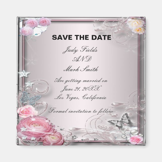 Aimant Floral Rose Et Papillon Économisez L'Aimant Date (Devant)