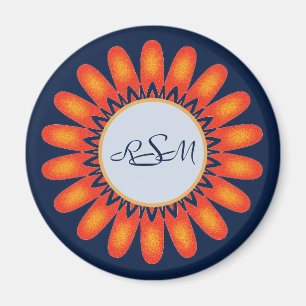 Aimant Floral Vibrant Orange Fleur Marine bleu Monogramme