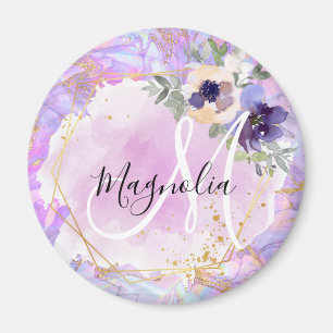Aimant Floral violet, rose et or Marbre arc-en-ciel Monog