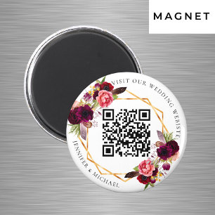 Aimant Flores bordeaux or géométrique QR code mariage