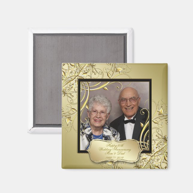 Aimant Flourish Gold Black 50th Mariage Anniversaire Phot (Recto/Verso)