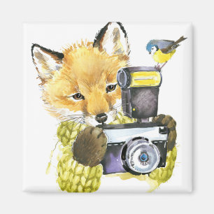 Aimant Fox mignon d'aquarelle prenant des photos
