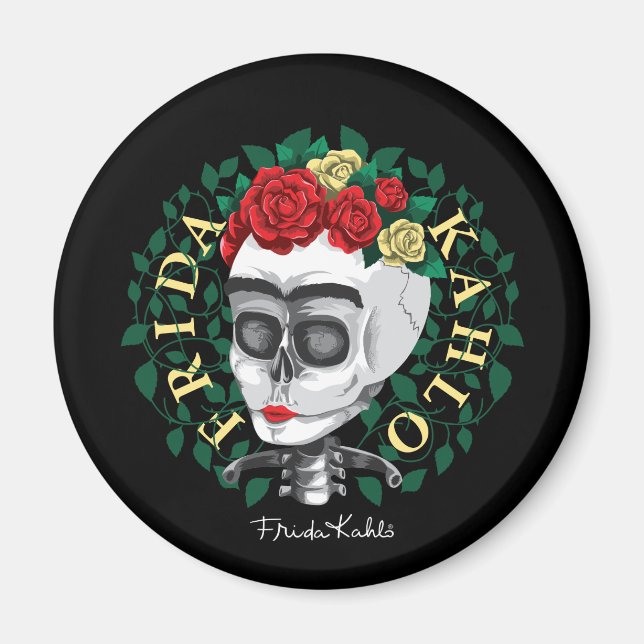 Aimant Frida Kahlo | Crâne avec couronne Rose (Devant)