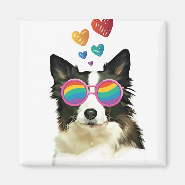 Aimant Frontière Collie Chien avec Coeurs Saint-Valentin (Devant)